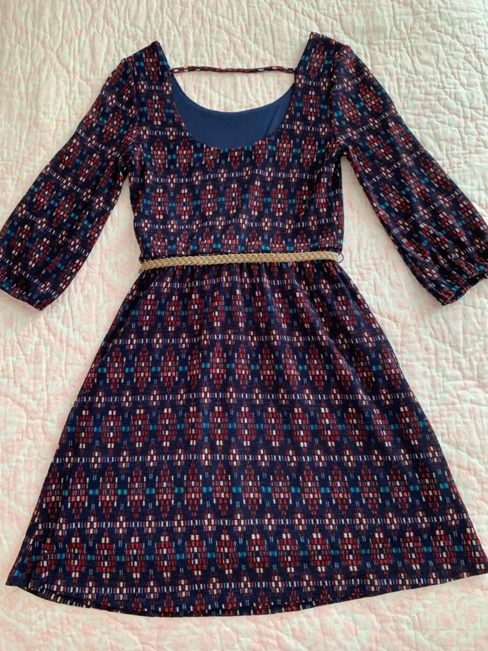 Red Camel Dress Juniors S Blue Fit & Flare Belted 3/4 Sleeve Scoop Back